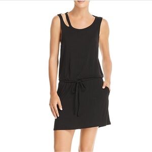 CHASER Deconstructed, Cut-Out, Drop Waist Dress in Soft Black Jersey Knit